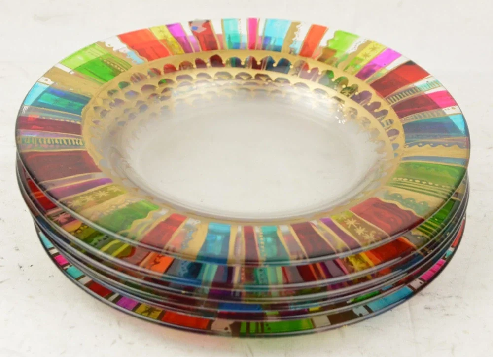 Pier 1 Festive Stripe Rainbow Gold Accents Glass Salad Plates 8.25